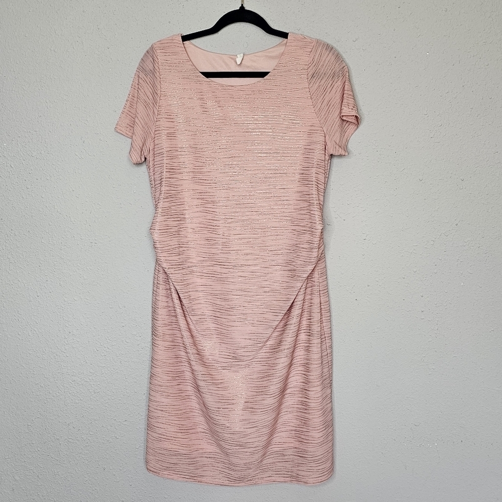 Pinkblush Maternity Pink Gold Metallic Short Sleeve Midi Lined Dress Size Medium
